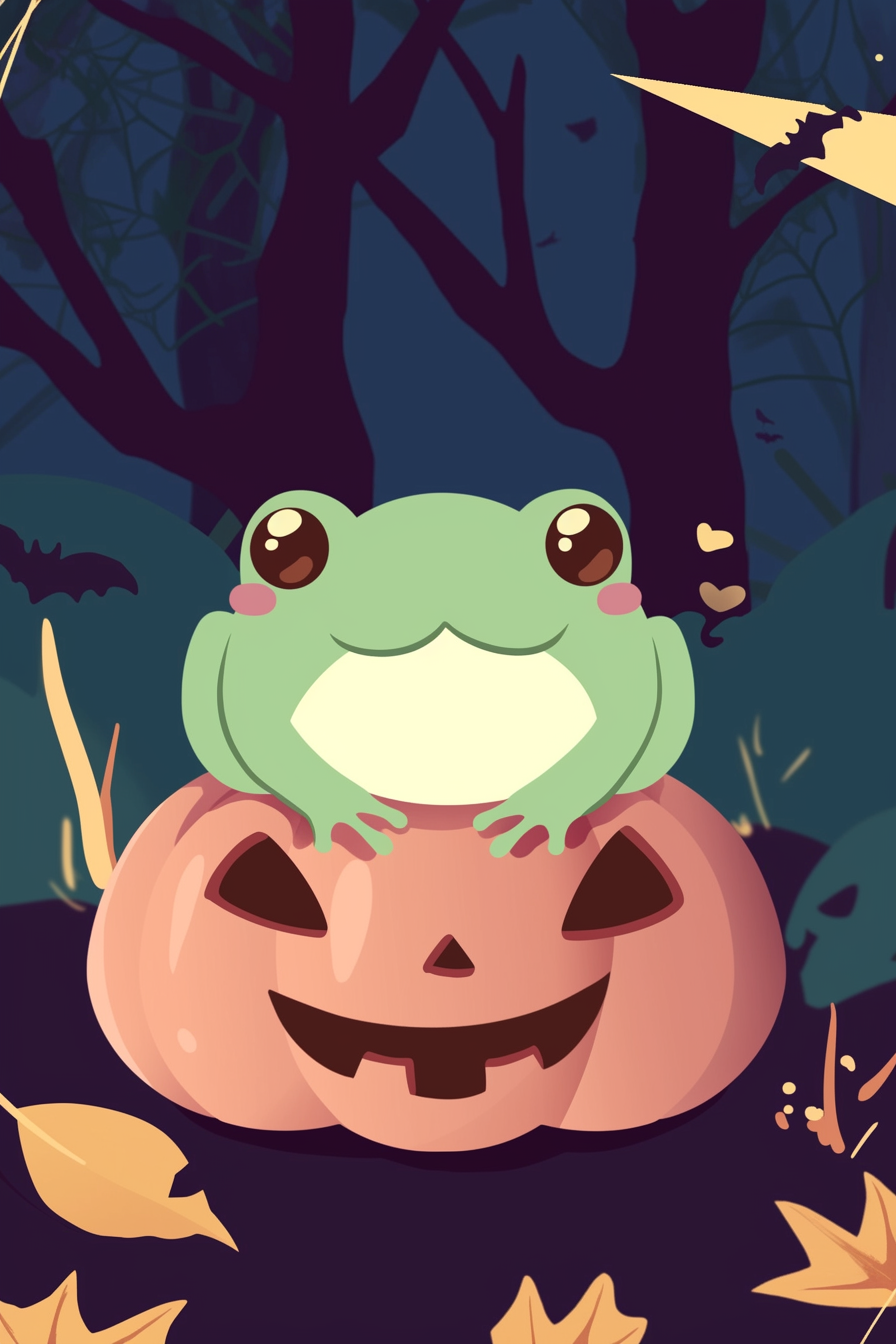 halloween frog drawing ideas 2 featuring a cute green frog with big eyes sitting atop a carved jack-o'-lantern in a spooky forest, surrounded by dark silhouettes of trees and bats.